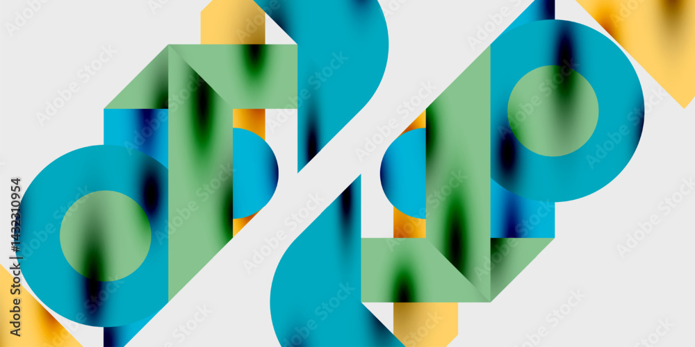 Poster abstract geometric shapes overlap, creating vibrant color gradients. blue, green, yellow hues domina