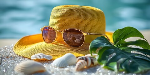 Vibrant Summer Banner with Tropical Accessories Against Blue Backdrop