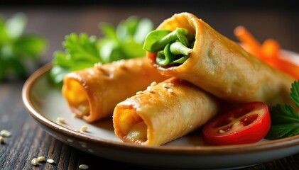 Crispy spring rolls, vibrant vegetables, sesame seeds, chinese food, simple, white background