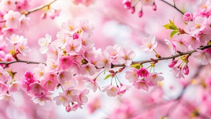Fototapeta premium Pink cherry blossom branches in full bloom against a soft white background , blossoms, spring