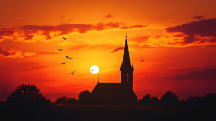 Obraz premium Church steeple silhouetted against a fiery orange sunset sky. Dusk Spire. Illustration