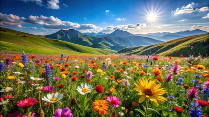 Obraz premium Vibrant colorful flowers blooming in a serene mountain meadow with rolling hills and a clear blue sky on a sunny day, beautiful landscape, hills