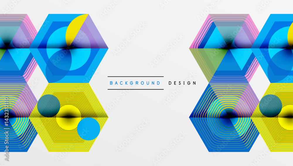 Poster Abstract geometric pattern. Hexagons, circles, lines create vibrant visual composition. Modern design elements present dynamic texture.