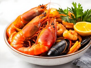 A delicious bowl of seafood pasta features succulent prawns, mussels, and shrimp in a rich tomato sauce.