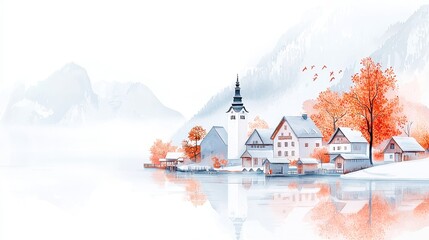 Wholesome watercolor illustration of Hallstatt, Austria, serene lakeside village, charming alpine cottages, gentle mist over the water, minimalist backdrop, tranquil atmosphere