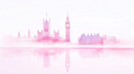Fototapeta premium Whimsical watercolor depiction of the Palace of Westminster, Big Ben, ethereal mist over the Thames, serene ambiance, minimalist background, inviting simplicity