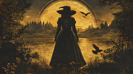 Silhouette of a woman in a witch's gown, facing a golden moonlit landscape.