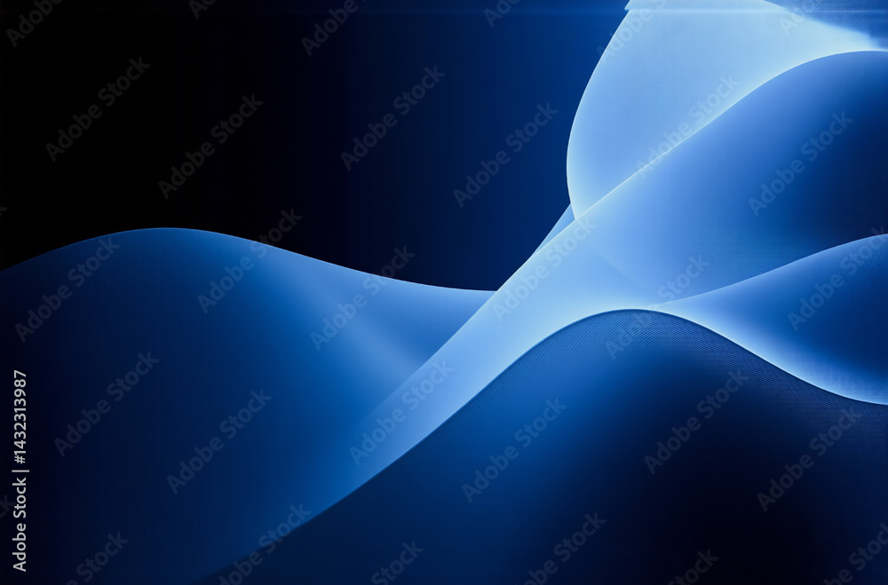 Fototapete Abstract blue waves flow smoothly on a dark backdrop, creating a serene and modern graphic design. The curves and gradients provide a gentle, calming visual experience.