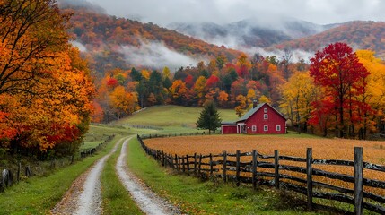Autumn Mist Shrouds Scenic Countryside with Fence Line Leading into Foggy Valley