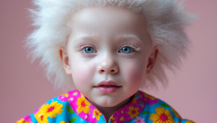 Fototapeta premium Albino Child Portrait with Floral Outfit on Pink Background – 4K Studio Photo