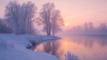 Christmas lace winter landscape with pink tones, hoarfrost-covered trees and a calm river at sunrise. 