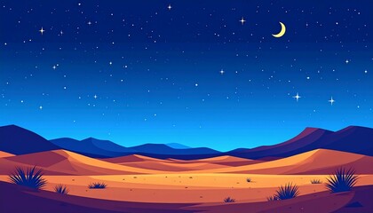 Fototapeta premium night landscape clear sky at desert with flat art illustration