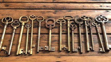 Collection of antique skeleton keys laid on rustic weathered wooden planks