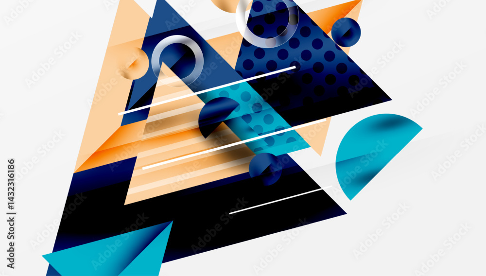 Fototapete Abstract geometric shapes overlap, creating dynamic composition. Blue, orange hues dominate design. Lines, circles add visual interest.