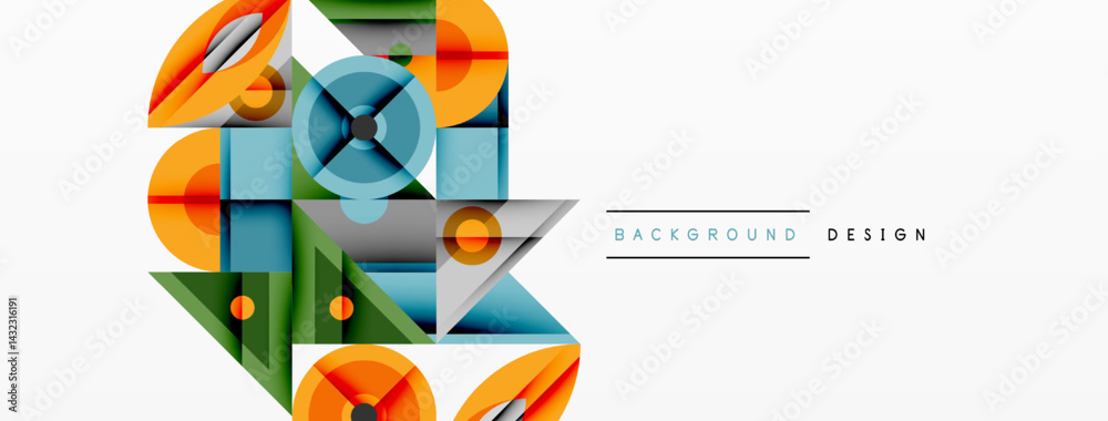 Poster abstract geometric shapes overlap, creating dynamic composition. orange, blue, green hues dominate d