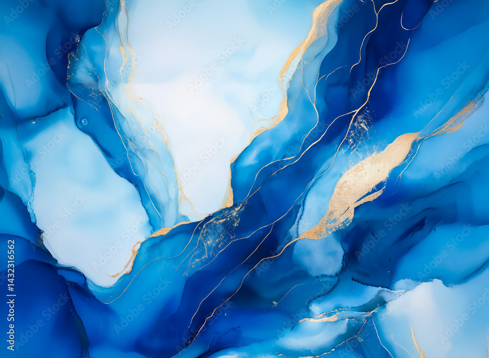 Poster hints: image has fluid, flowing shapes with blue tones and gold accents. abstract artwork featuring 