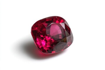 Cushion Cut Red Ruby Gemstone on White Background, Faceted Jewel Photography