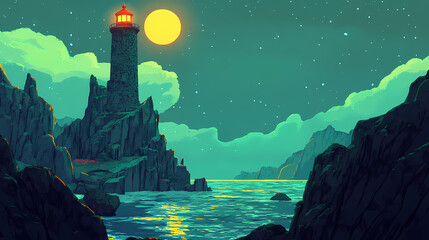 Amidst the obsidian seascape, an ancient lighthouse shines a beacon of hope, guiding mariners through the night with confidence. Obsidian Beacon. Illustration