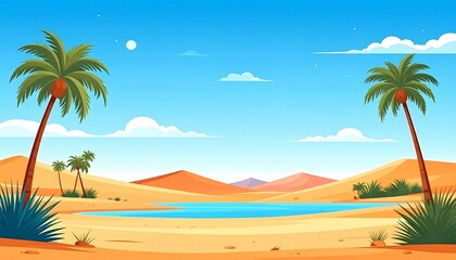 Obraz premium landscape clear sky at oasis desert with flat art illustration