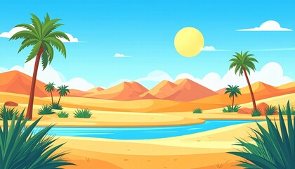 clear sky at oasis desert with flat art illustration 
