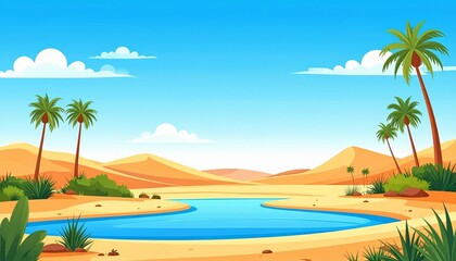 Obraz premium landscape clear sky at oasis desert with flat art illustration