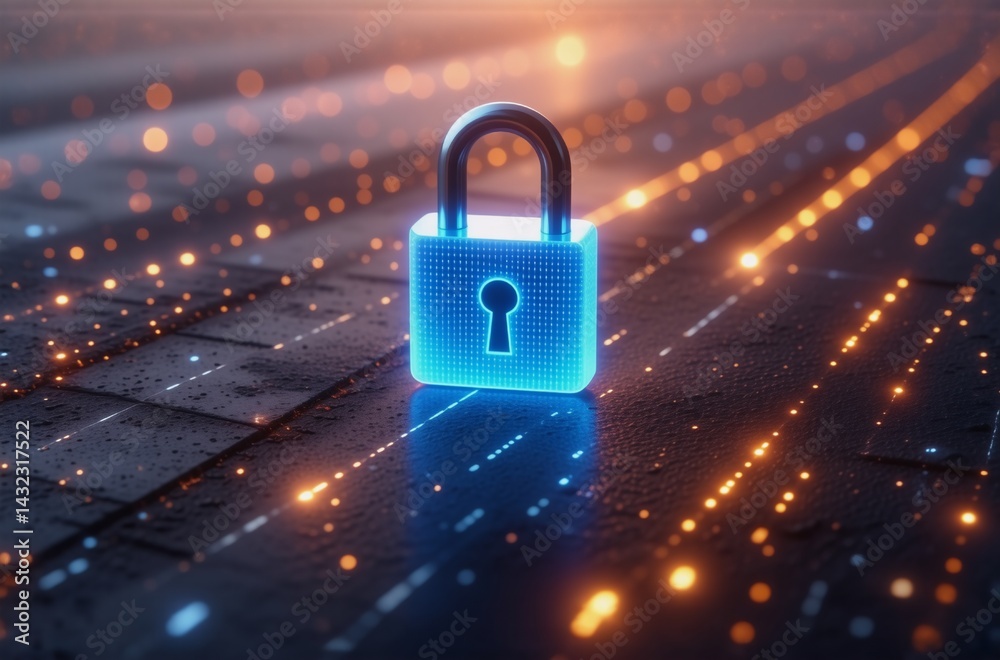 Poster a glowing blue padlock sits on a dark, digital surface, illuminated by streaks of light, symbolizing