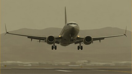 Evening sky serves as a backdrop for a photo-realistic airplane taking off from an airport runway, showcasing the power and motion of flight during twilight.