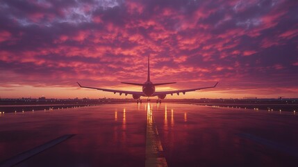 Airport runway scene with a photo-realistic airplane taking off into an evening sky, highlighting the beauty of flight and departure in detailed realism.