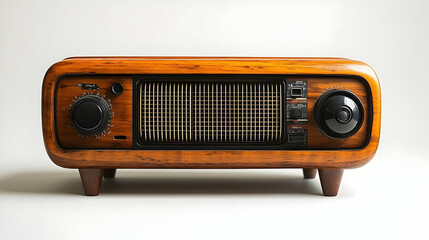 Fototapeta premium Retro Wooden Radio with Black Grille and Knobs on White Backgrou