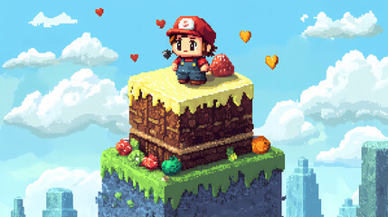 Pixelated video game character cake for a retro themed celebration party. Soulcraft Machine. Illustration