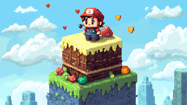 Pixelated video game character cake for a retro themed celebration party. Soulcraft Machine. Illustration