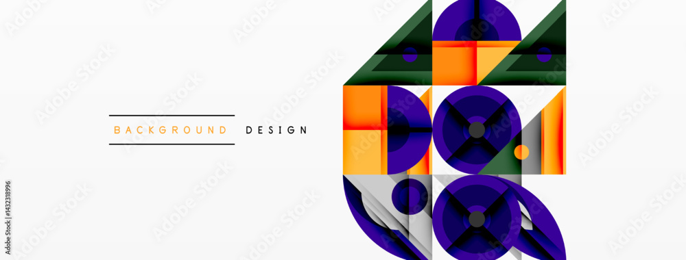 Poster abstract geometric shapes overlap, creating dynamic composition. orange, purple, gray colors dominat