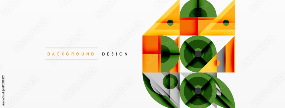 Poster abstract geometric design features vibrant orange, green shapes. minimalist composition with clean l