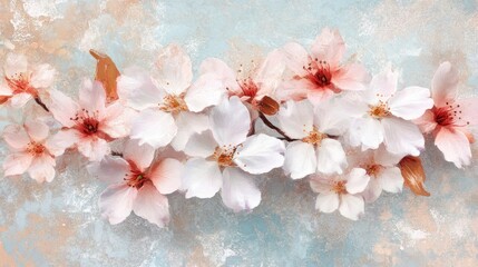 Delicate pink cherry blossoms adorn a textured pastel background.