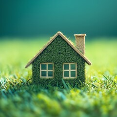 Small eco-friendly house surrounded by lush green grass, presented in a minimalist square format