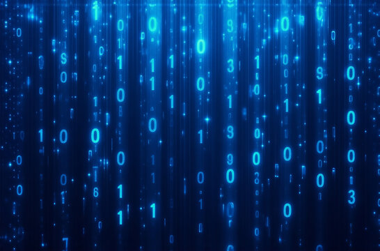 Blue digital numbers and symbols cascade down against a dark backdrop, creating a matrix-like rain effect. This abstract image evokes a sense of data streams and technological flow.