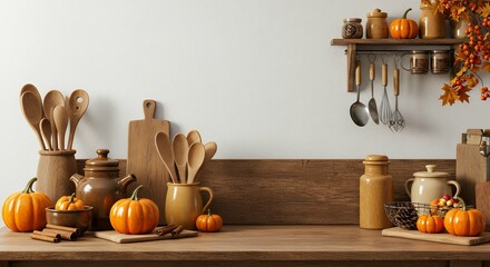 theme related to autumn season featuring rustic decorative items shaped like gourds culinary tools wooden shelf counter promotional visual pale colored vertical surface unoccupied area content