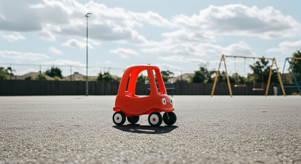 Red Toy Car At The Playground On A Sunny Day With Fluffy Clouds