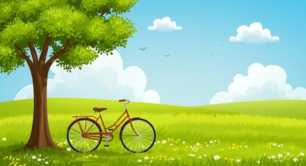 Fototapeta premium graphical springtime landscape tree vintage style bicycle sunny day graphical representation summertime field bicycle under tree springtime summertime suitable promotional visual