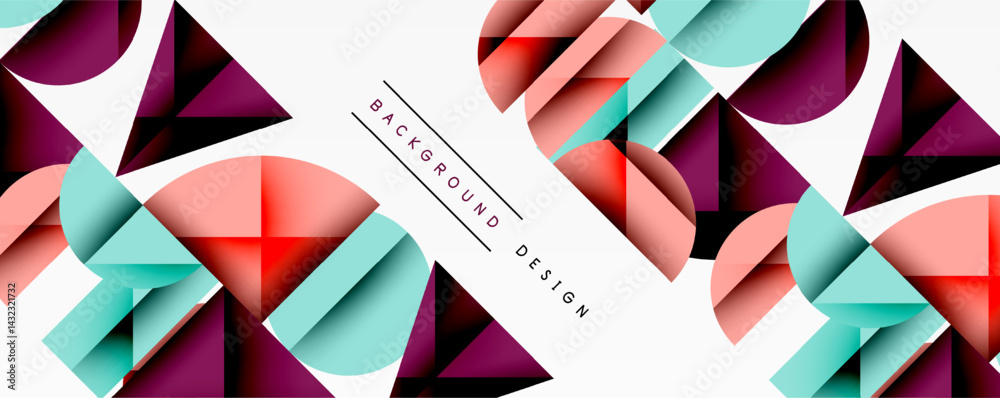 Poster abstract geometric shapes, vibrant colors, modern design. composition features triangles, circles, r