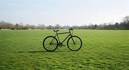 Obraz premium Black Bicycle Resting On Green Field With Architectural Scenery