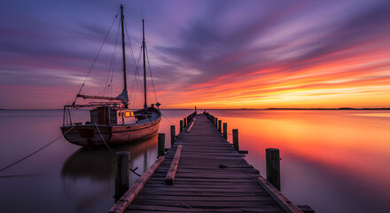 Obraz premium Dramatic Sunset At The Dock With A Moored Boat Near Calm Water