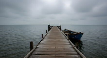 Fototapeta premium Wooden Pier Stretching into the Calm Ocean Under a Cloudy Horizon