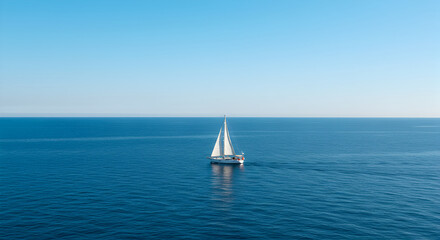 Obraz premium Sailboat Gliding In Serene Deep Blue Sea Under Clear Skyline