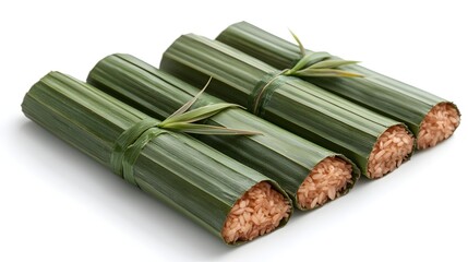 Fototapeta premium Four delicious parcels of sticky rice wrapped in fresh green banana leaves are neatly arranged on a white background.