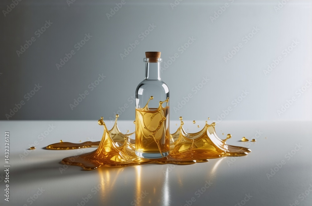 Leinwandbilder A clear glass bottle with a cork stopper sits amidst a golden liquid splash, creating dynamic visual interest against a neutral background. The scene is elegantly simple yet visually striking.
