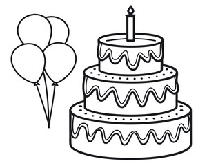 Three-Tier Birthday Cake with Candle and Balloons Outline