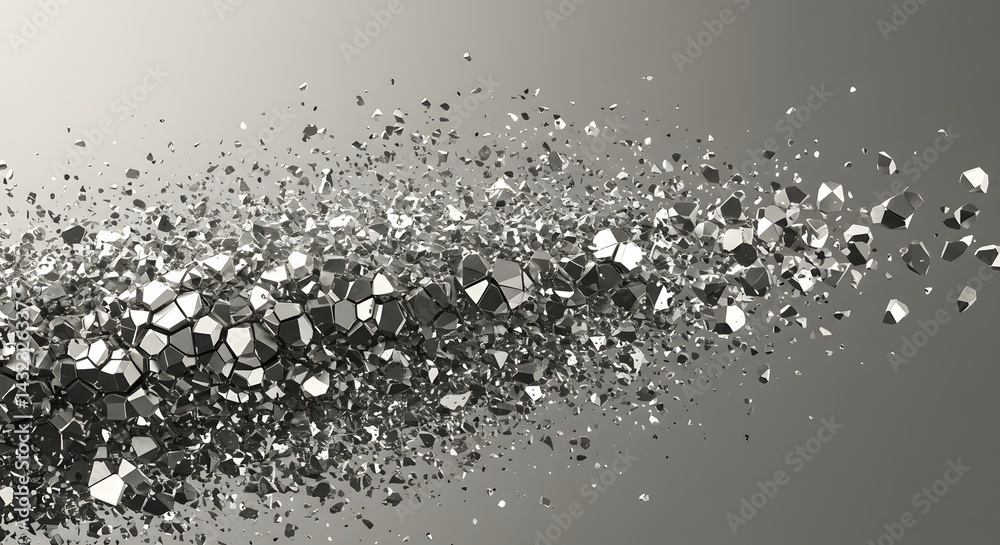 Poster scattered metallic shards on a gradient gray background creating a dynamic visual effect abstract ar