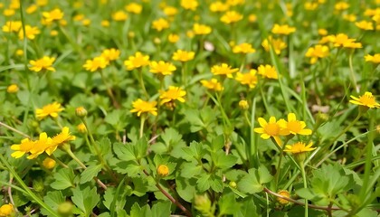 Obraz premium A vibrant meadow of yellow creeping buttercup flowers in lush green grass
