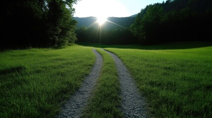 Fototapeta premium Sunlit path through a verdant valley